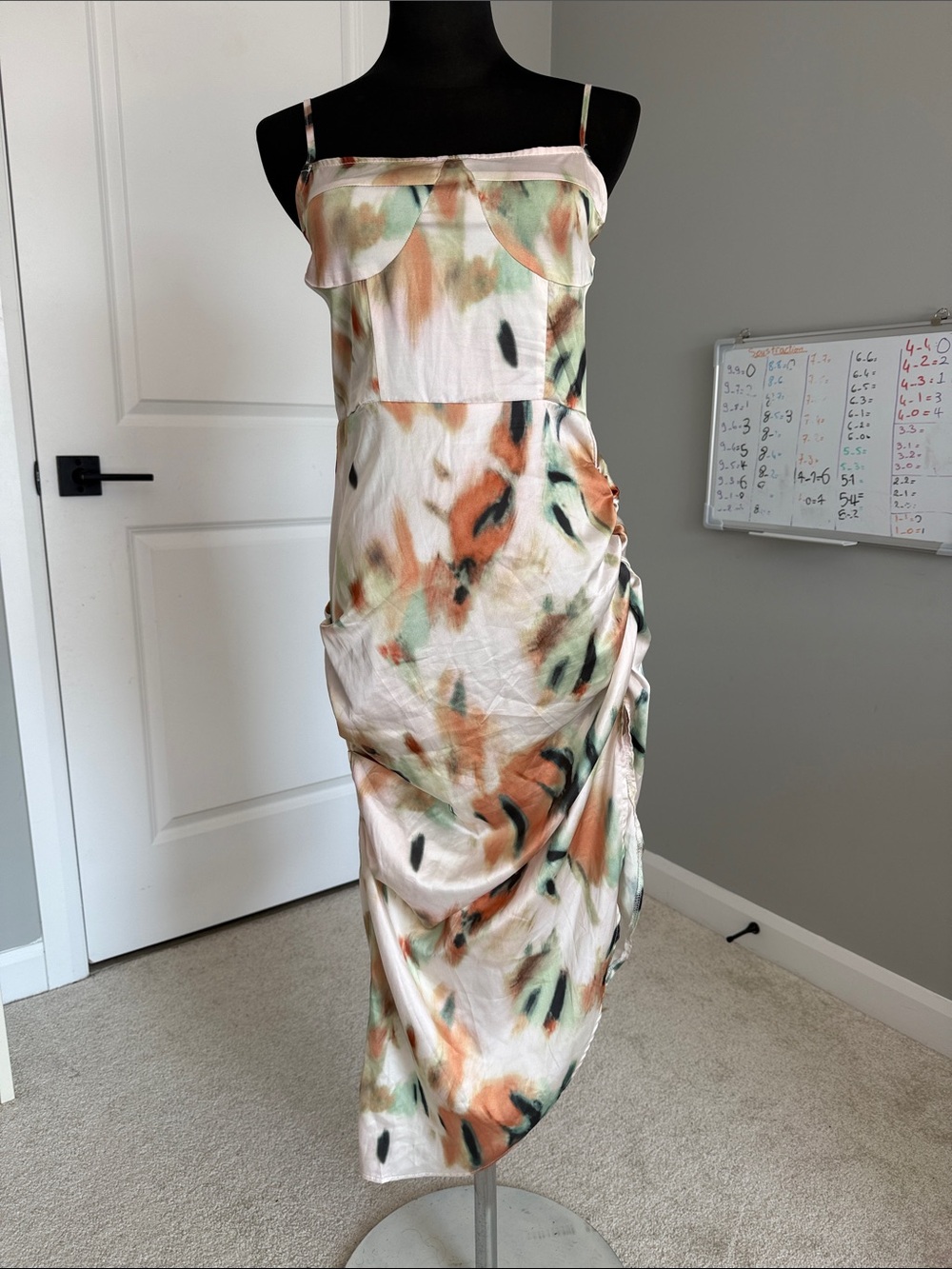 SHEIN Peach, Sage & Black Watercolor Satin Midi Dress
